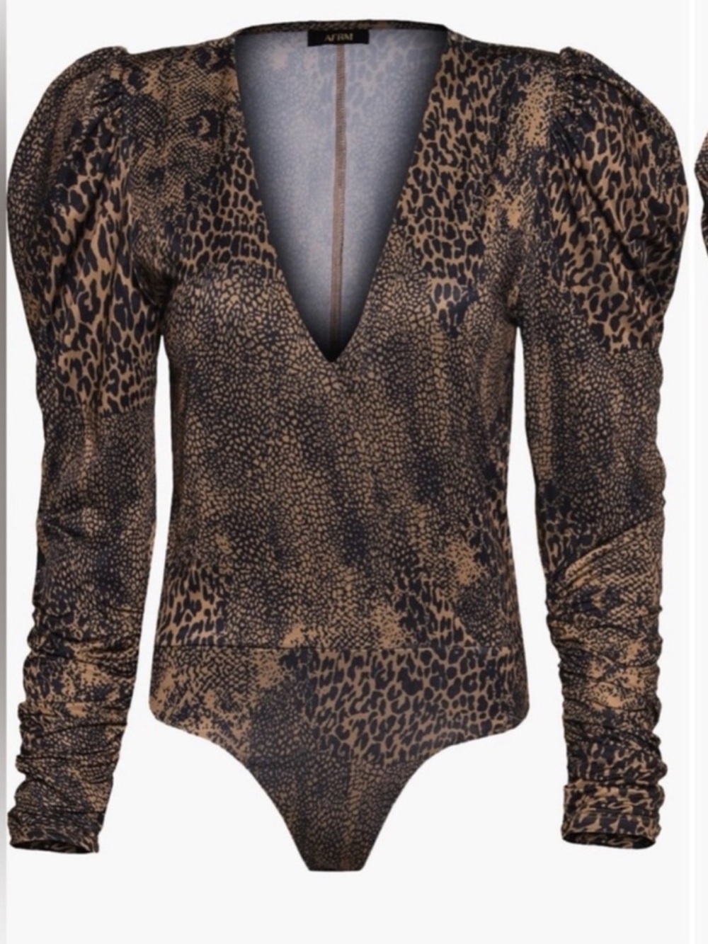 AFRM Leopard Print Deep V Bodysuit Puff Sleeve Fitted Sexy Chic Top
